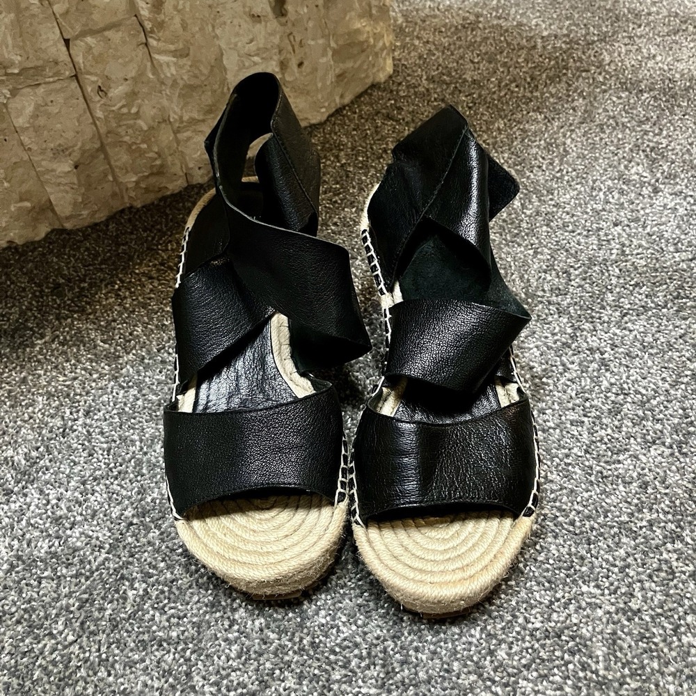 Eileen Fisher Sz 7 WILLOW Black Leather Espadrille Wedge Platform Heels Sandals